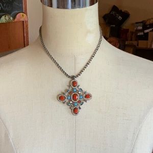Faux Turquoise and Coral Cross Silver Tone Necklace, Pre-owned